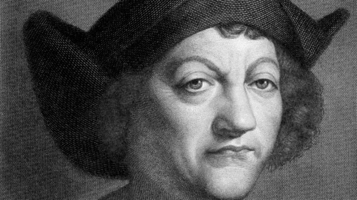 Black and white drawing of Christopher Columbus unsmiling and in a hat