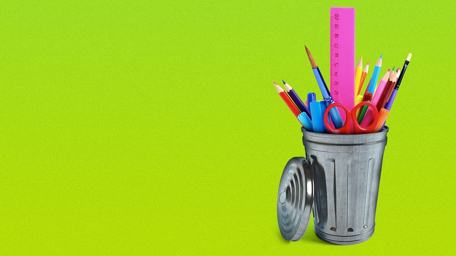Illustration of a trash can being used as a supply cup with pencils, pens, a ruler and scissors inside. 