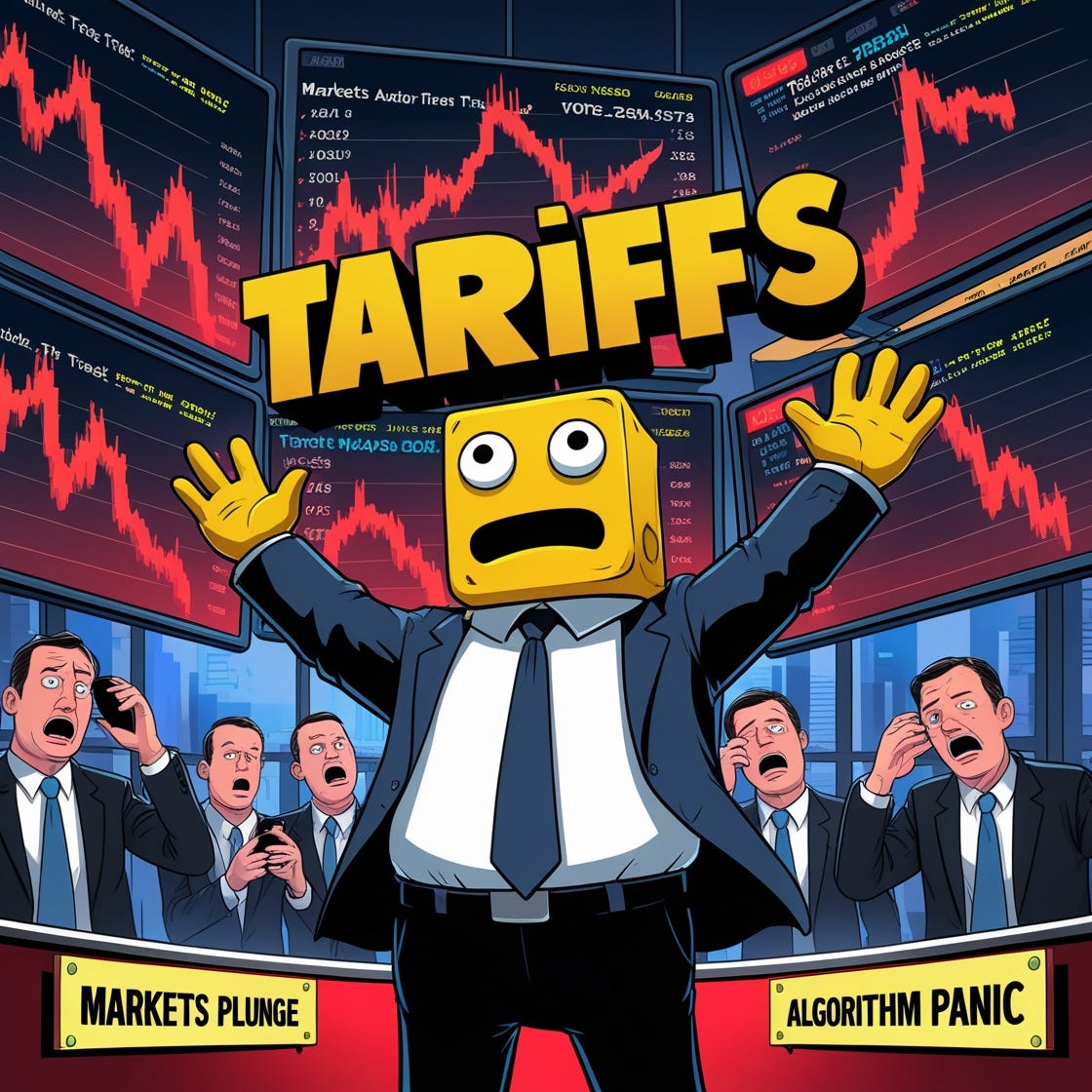 A humorous digital illustration in the style of the STONKS meme featuring a poorly-rendered 3D character with a suit and blank expression standing in front of dramatically plunging red stock charts. The character has its arms thrown up in panic while multiple screens behind show trading algorithms going haywire with error messages. Instead of "STONKS" text, it says "TARIFFS" in the same blocky yellow font but with the letters glitching/falling apart. The background shows Wall Street traders in disarray, some looking at their phones in horror, others clutching their heads. Include small news tickers with phrases like "MARKETS PLUNGE" and "ALGORITHM PANIC" scrolling across the bottom. The overall aesthetic should maintain the intentionally low-quality, absurdist style of the original meme while clearly referencing the current market situation.