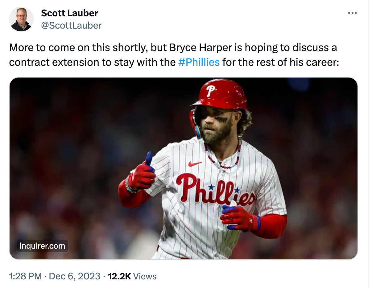 Tweet from a Philly reporter: "More to come on this shortly, but Bryce Harper is hoping to discuss a contract extension to stay with the #Phillies for the rest of his career"