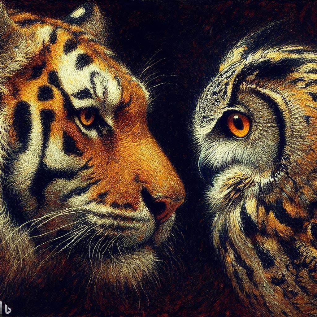A tiger and an owl staring at each other with menace, impressionism