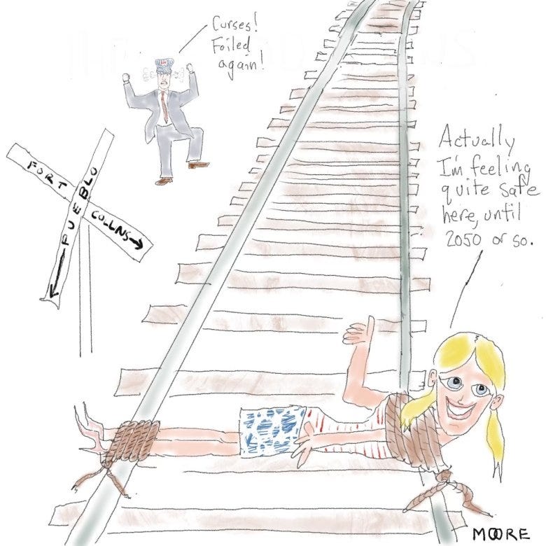 Cartoon of a woman tied to railroad tracks saying she feels safe she won't but run over by a train