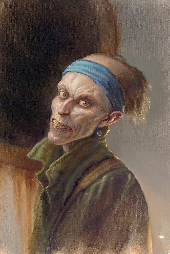 A horror homage to "The Girl with the Pearl Earring" by Vermeer. A ghoul in a green trench coat tilts its head back offering a tight, awkward grin. Its yellowing teeth are a match for its unnatural eyes. A blue scarf is wrapped around it's long forehead and a grey teardrop earring hangs from its ear. The background is loosely rendered, framing the subject off-center in circle that looks like a large rusting porthole. 