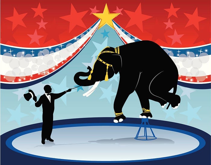 Cartoon image of a circus elephant balancing on one leg, atop of very fragile-looking stool.