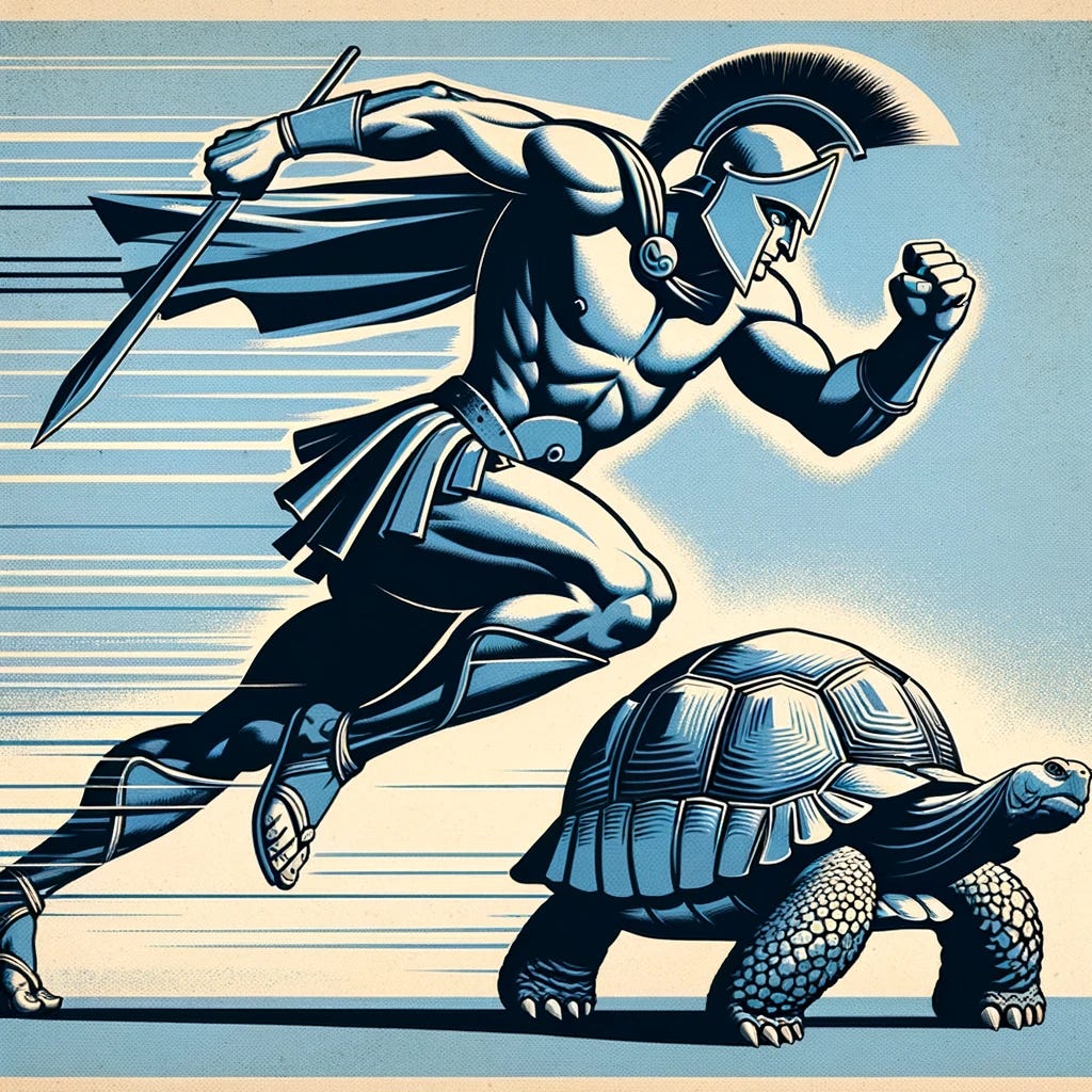 A 1930s WPA style poster illustrating the mythical scene of Achilles racing a tortoise. Achilles is depicted as a strong, muscular Greek warrior in traditional armor, running with great speed and determination. Next to him, a large tortoise moves steadily, capturing the essence of the paradox. The scene is dynamic, showcasing the intense race between the swift Achilles and the slow-moving tortoise. The image is rendered in blue tones, maintaining the vintage 1930s poster aesthetic. Bold, simple lines and a slightly abstract style are used, reflecting the era's artistic trends and adding a mythical, timeless quality to the illustration.