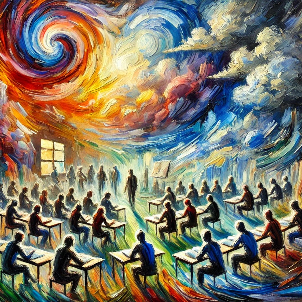 An abstract representation of a classroom with students of diverse backgrounds, symbolized by colorful figures, engaging in a unified learning experience. The scene is vibrant with swirling brushstrokes and contrasting colors, depicting an expressive and slightly melancholic atmosphere. A dramatic sky and figures in motion evoke deep emotions and a sense of psychological depth. The medium resembles oil on canvas, capturing raw and intense emotions typical of the expressionist movement.