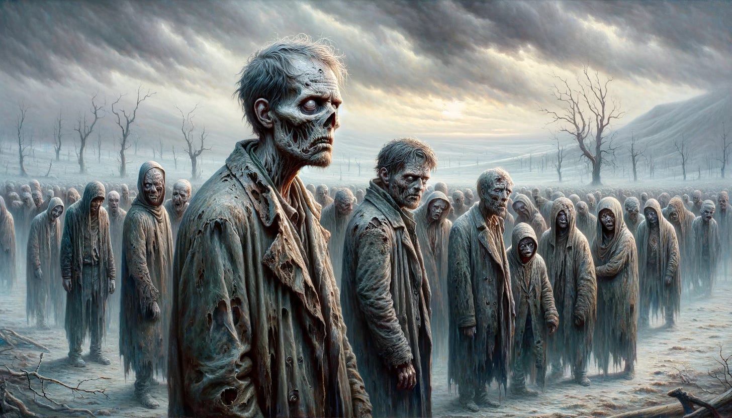 A widescreen oil painting depicting a horde of pity zombies. The zombies should have a sorrowful, melancholic expression, with tattered clothing and decayed, grayish skin. The background is a desolate, foggy landscape with barren trees and an overcast sky. The overall mood of the painting is somber and eerie, with muted colors and dramatic shadows to emphasize the sadness and despair of the scene.