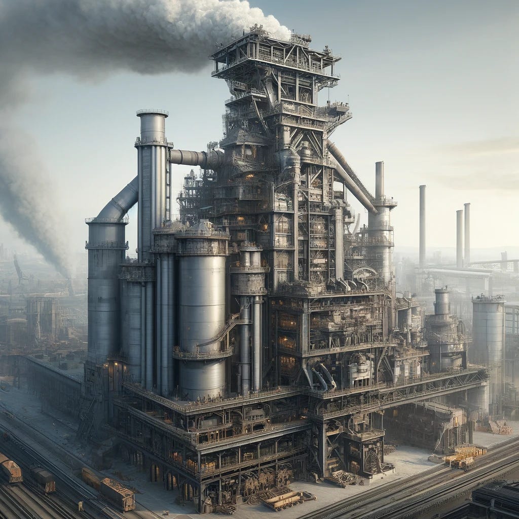 A realistic and highly detailed depiction of a blast furnace, emphasizing its industrial might. This steel furnace is towering and robust, with a thicker smoke plume emerging from the top. The structure is shown in a more dynamic angle, emphasizing the height and complexity, including a detailed view of the heat-resistant bricks and multiple large pipes. The industrial scene includes workers in protective gear inspecting the operation and carts loaded with raw materials. The background features a smoky industrial skyline.