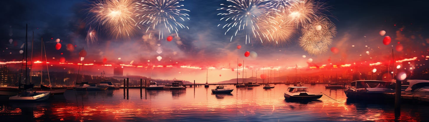 Fireworks over a marina