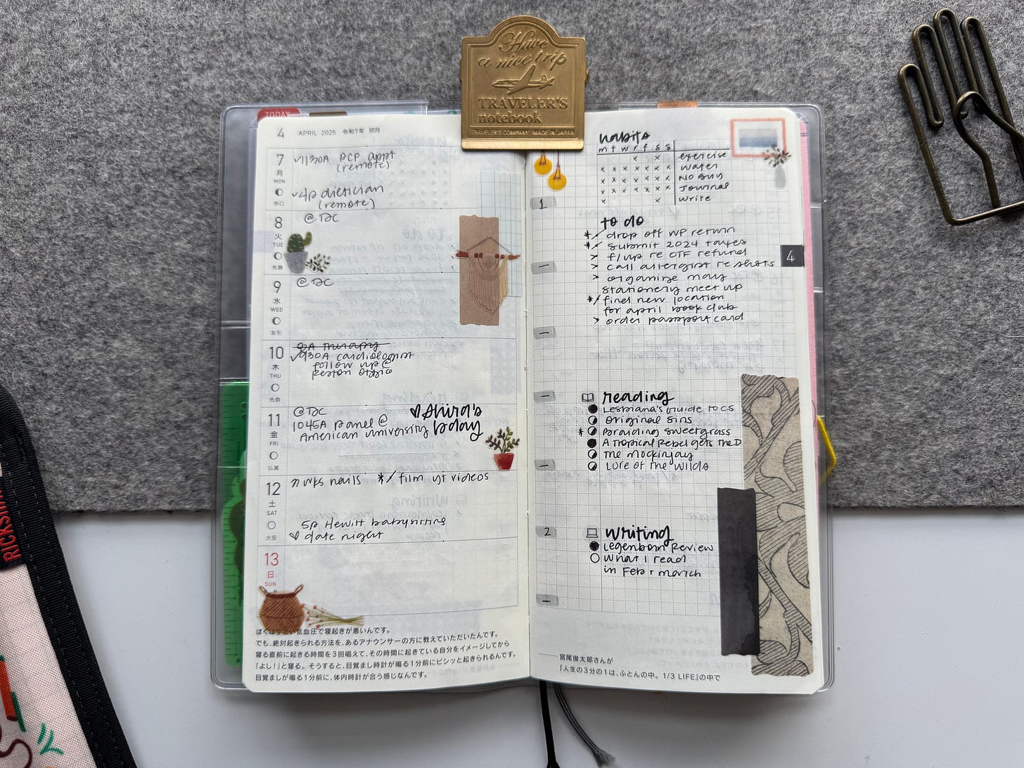 Hobonichi weeks open to a weekly page. The layout is a horizontal weekly on the left and grid note paper on the right. The example spread shows day specific events and appointments on the left-hand side and a habit tracker, a weekly to do list, currently reading list, and currently writing list on the right. 