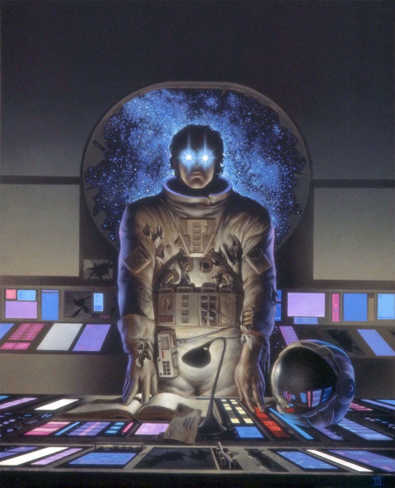 A man in tattered spacesuit stands at a dated computer console that looks like something out of 70s NASA. His helmet rests next to him with visor reflecting the colors of the control panel. Staring directly at the audience, his eyes are glowing blue cut through with white starburst patterns signaling some other presence in his mind. Behind him, through a broken viewport, we see a field of stars, points of white on milky blue over black. Several monitors are shattered. A desk light illuminates the pages of a book that he holds open with gloved fingers. A crumpled envelopeHis other sleeve is torn at the wrist to expose pale flesh.