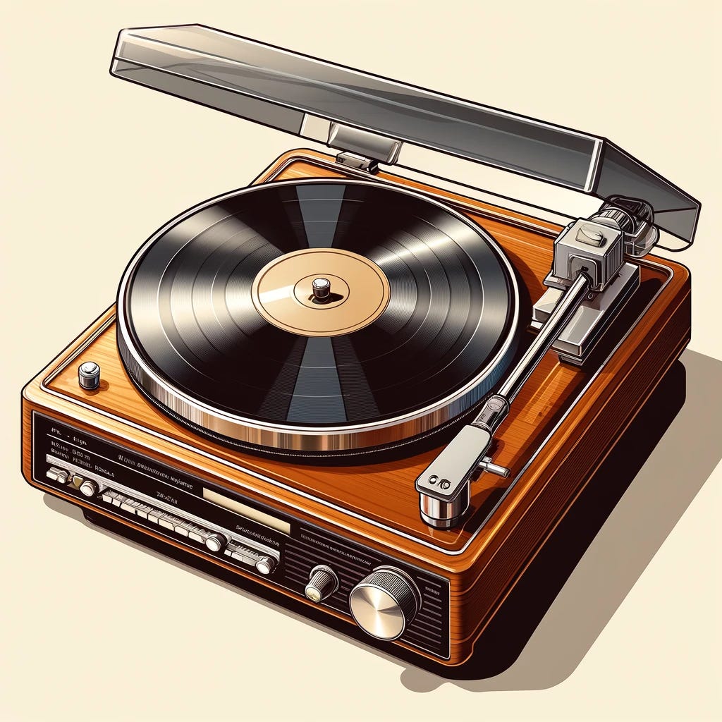 A detailed depiction of a vintage 1970s record player. The design features a wooden base with a warm brown finish, a clear dust cover, and a shiny, metallic tonearm. The platter is matte black and the controls for speed and volume are chrome-plated with a retro styling. The record player is set against a simple, neutral background to emphasize its classic aesthetic.