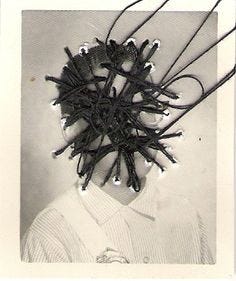 This may contain: a black and white photo of a person with wires on their head in front of them