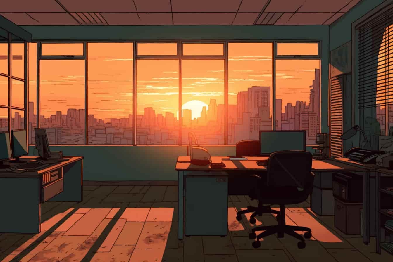 The sun rising through large windows of an empty office