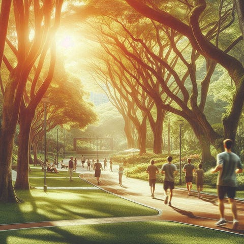 Peaceful Neighborhoods and Physical Health: "A tranquil park with people of all ages enjoying the outdoors, exercising, and relaxing. Use soft, natural colors and a sense of serenity."