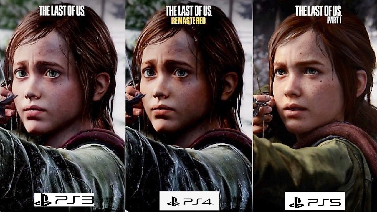 Three images of Ellie posed pulling an arrow back on her bow: the furthest picture on the left is from the original Last of Us for the PS3. The center photo is her from the Last of Us Remastered, which loos very similar to the photo on the left, only with greater definition of textures and lighting. The furthest right image, from The Last of Us Pt. I for the PS5, looks very different, although it's clearly still Ellie in the same pose, her face is of a different shape, and the next-gen graphics make it stand out from the other two.