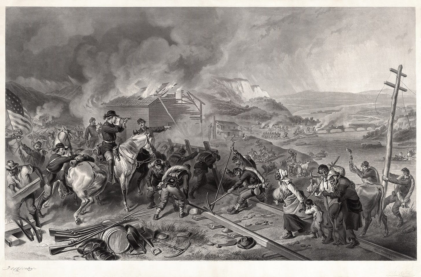 engraving of Sherman's march to the sea; a building burns to one side and wounded and dead are shown; Sherman is on his horse holding a telescope to his eye