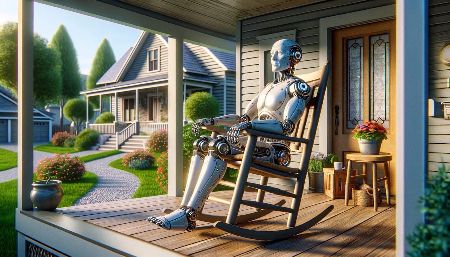 Imagine a future where humanoid robots become part of our society to the extent that they can retire. Visualize a humanoid robot retiree, sitting in a rocking chair on the porch of a quaint suburban home. The robot's exterior is a mix of shiny metal and some areas showing signs of wear and tear, reflecting its years of service. It has a warm, gentle expression on its face, looking out at the peaceful neighborhood. Beside it, a small, well-tended garden with colorful flowers and a little pathway leading to the front door. The scene captures a moment of serene retirement, blending the line between human and machine life. The wide aspect ratio adds a panoramic view, enhancing the suburban setting and the peaceful atmosphere.