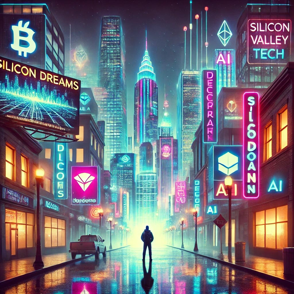 A book cover image for 'Silicon Dreams,' showing a futuristic, neon-lit cityscape that merges classic Silicon Valley tech vibes with elements of the early internet. Skyscrapers and digital billboards display symbols of connectivity, decentralization, and AI. The skyline should feel vibrant and slightly dystopian, with bright lights casting reflections on the wet pavement. In the foreground, a lone figure, partially in shadow, looks up at the towering structures, embodying the ambition and complexity of the tech world. The title 'Silicon Dreams' is bold and stylized, with subtle glitch effects. The overall feel is sleek, modern, and slightly dark, capturing the rise of the digital world.