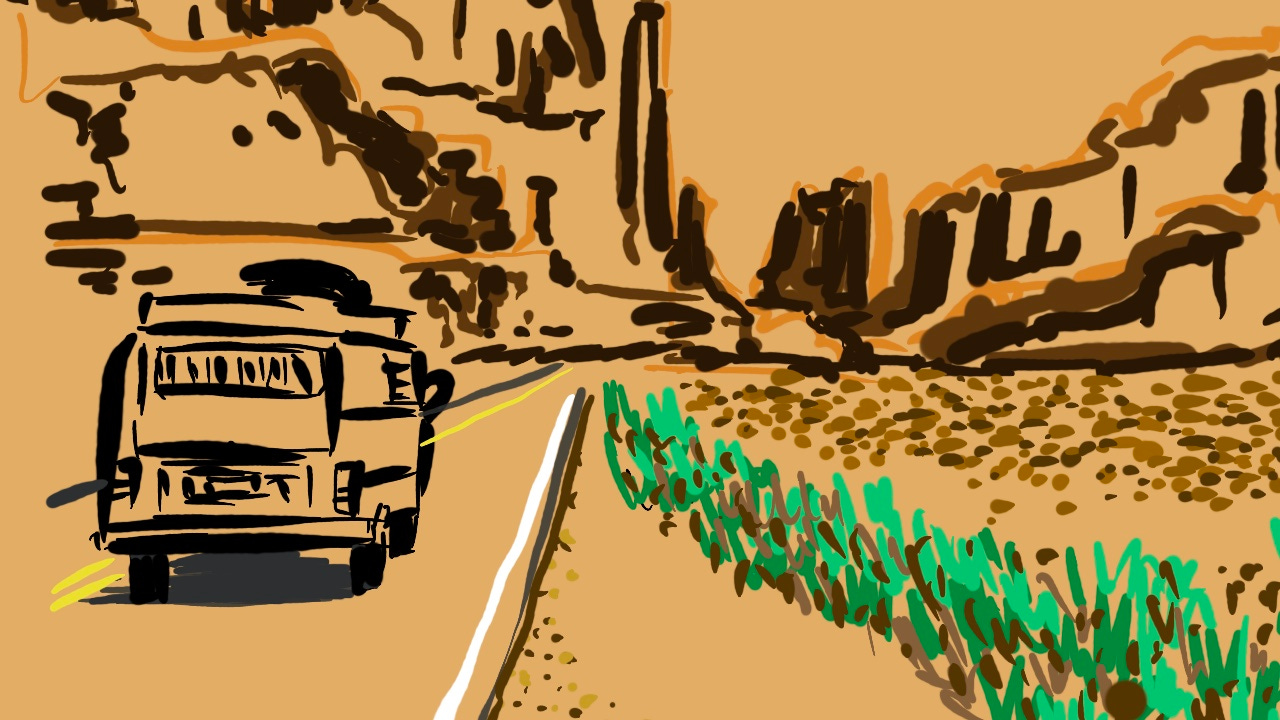 Minivan driving in the dessert. Line drawing. Light brown background. Caption: From Hitchhiker to Host: How to Lead Workshops That Connect