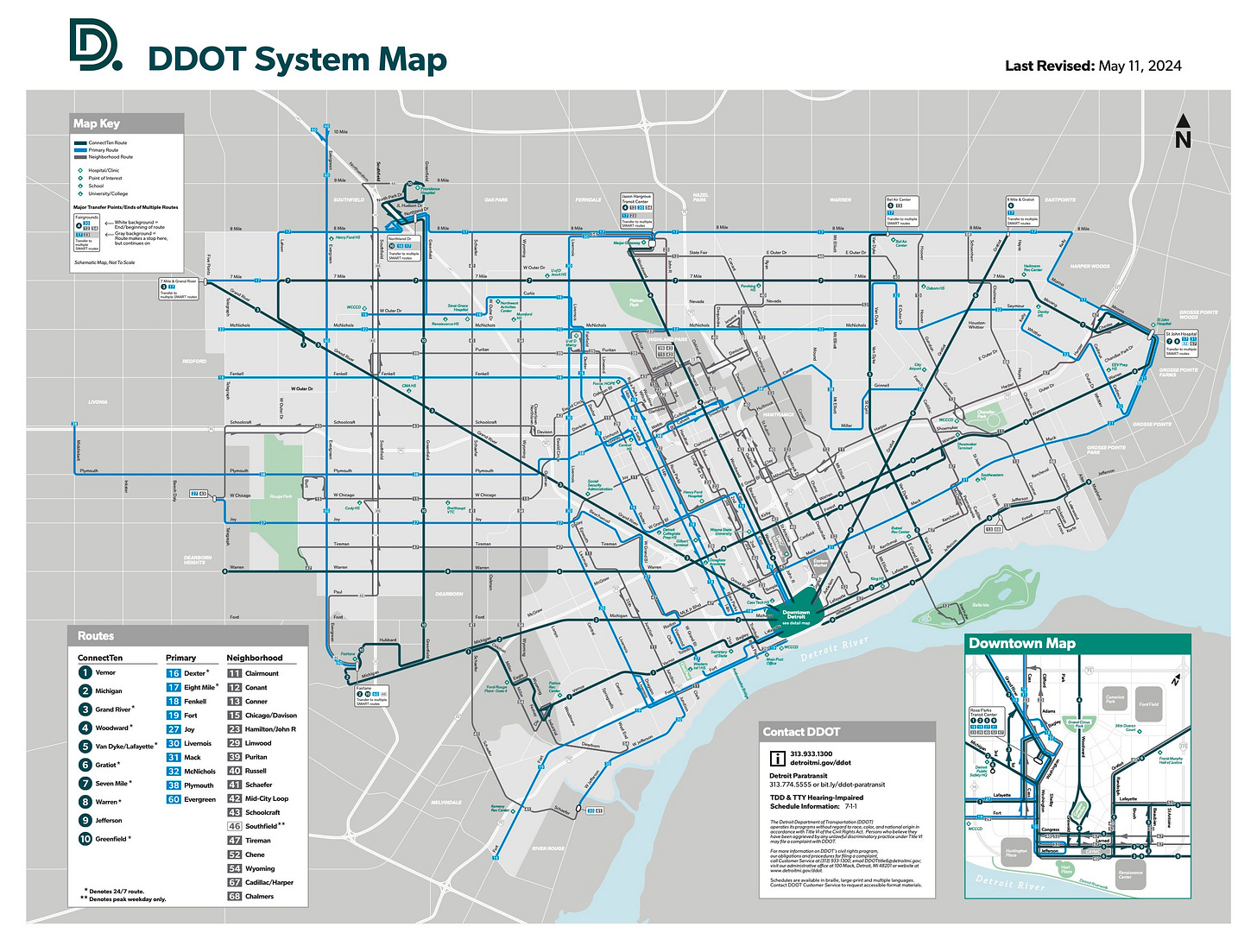 DDOT system map showing routes across Detroit.