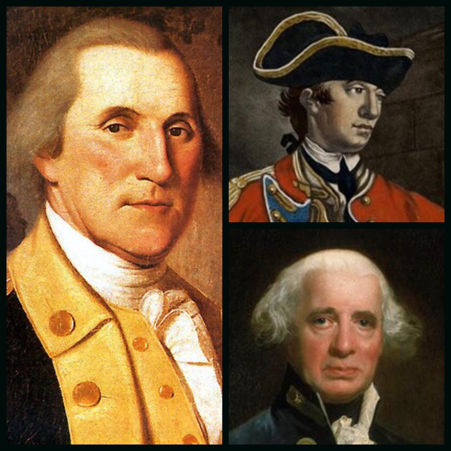 Collage of pictures: George Washington (left), General William Howe (top right), and British Admiral Richard Howe (bottom right).,