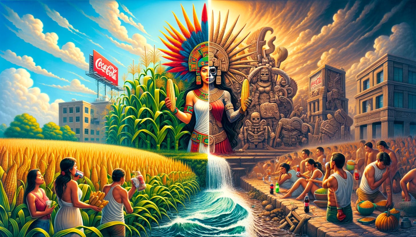 A vibrant, split-scene composition where one side depicts Chicomecoatl, the Aztec goddess of maize and fertility, surrounded by lush, golden maize fields under a bright, sunny sky. She is depicted in traditional attire, holding maize cobs in one hand and a ritualistic knife in the other, symbolizing the traditional blood offerings. The other side contrasts sharply with a modern urban setting, where individuals are consuming soft drinks and processed foods, oblivious to the nutritional value of their choices. This side is characterized by muted colors and a chaotic atmosphere, highlighting a disconnection from nature. In the background, a billboard or a shrine-like structure adorned with soft drink logos, particularly Coca-Cola, symbolizes the "false god" of contemporary consumption. Connecting the two worlds is a flowing river, transitioning from water on the traditional side to a stream of soft drinks on the modern side, symbolizing the shift from respecting the sacred essence of life to indulging in unhealthy modern practices.