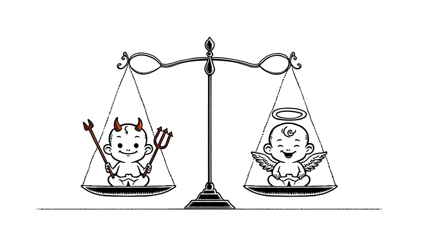 A simple line drawing showing a devilish baby sitting on one side of a scale and an angelic cherub sitting on the other side. The devilish baby has little horns, a mischievous smile, and a tiny pitchfork. The angelic cherub has a halo, wings, and a sweet expression. The scale is balanced, and the background is blank. The drawing uses light, thin lines to suggest details, with most of the area taken up by empty white space.