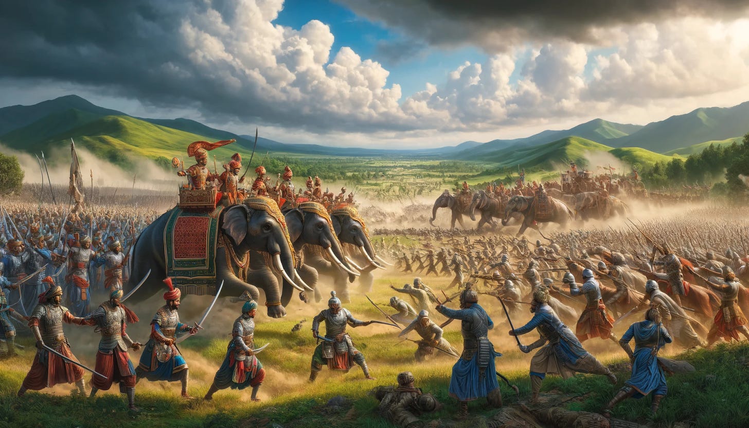 A vivid and realistic depiction of a historical battle scene in ancient India. The artwork features a wide, dynamic battlefield under a cloudy sky. Armored Indian warriors, mounted on decorated elephants and horses, engage in combat with swords and bows. The landscape includes rolling hills and lush greenery typical of the Indian countryside. The setting is detailed with traditional armor styles and weaponry of the period, emphasizing historical accuracy. The scene captures the intensity and chaos of battle, with dust rising from the ground as troops clash.