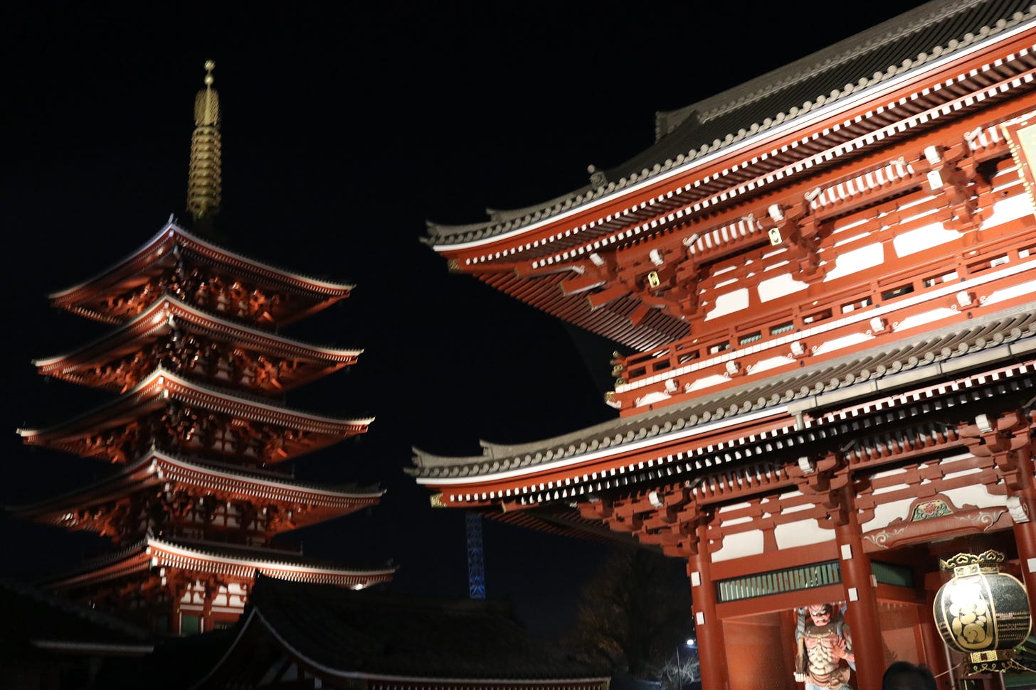 A red and black temple and pagoda are illuminated by lights at night