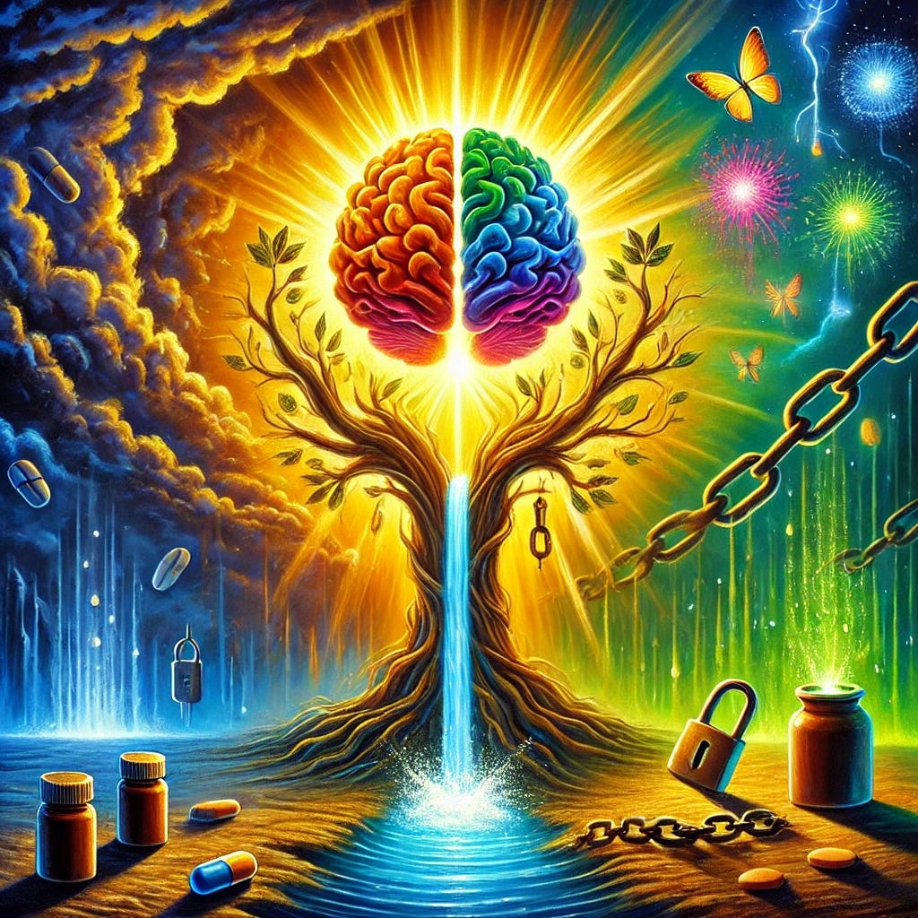 A vibrant and surreal oil painting depicting a bright golden light piercing through dark, stormy clouds. In the foreground, a symbolic tree of knowledge with its roots intertwined with locks and chains, symbolizing misdiagnosis and ignorance. The light breaks the locks as the tree's branches burst into vivid colors, representing newfound understanding and healing. On the left, shadows of pills and vials fade into the background, replaced by a glowing, lifelike brain emerging from the tree’s branches. A stream of clear water flows from the tree’s base, symbolizing purification, contrasting with a chaotic, barren landscape on the right. The painting features bold, rich colors like gold, emerald green, and deep indigo, with an overall hopeful tone.