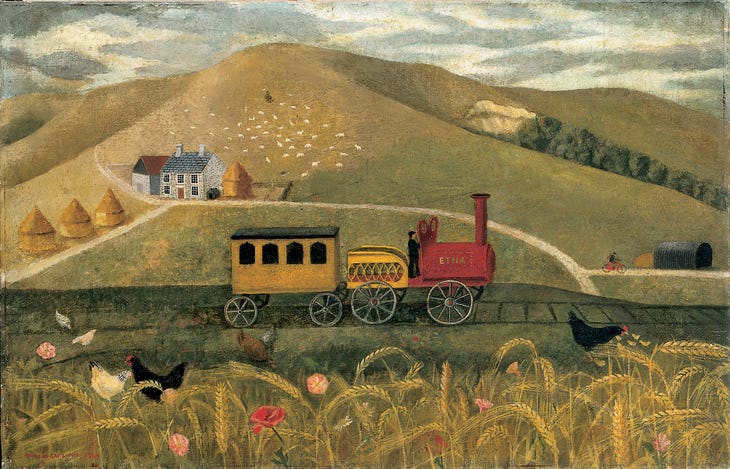 A bucolic painting of a train in the countryside