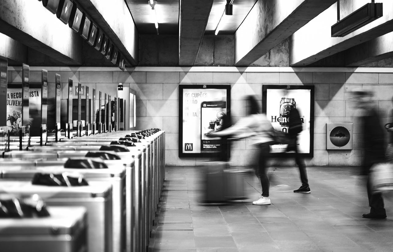 Black and white photo of NYC subway entrance