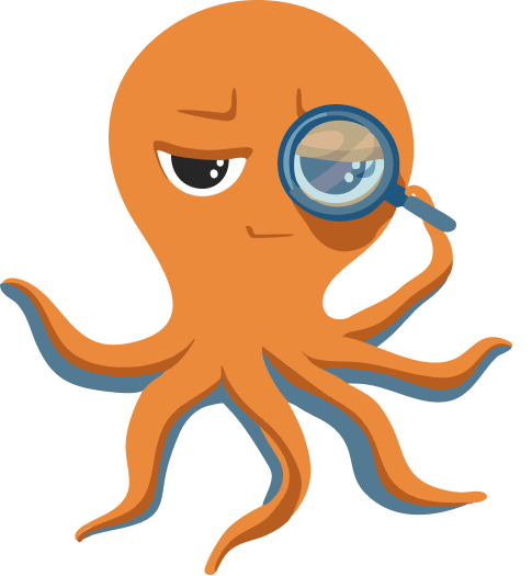 An orange octopus with a serious, but inquisitive and slightly playful expression on his face, holding a magnifying glass up to his eye.