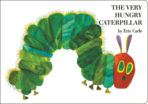 A painted catterpillar with a green body and red head