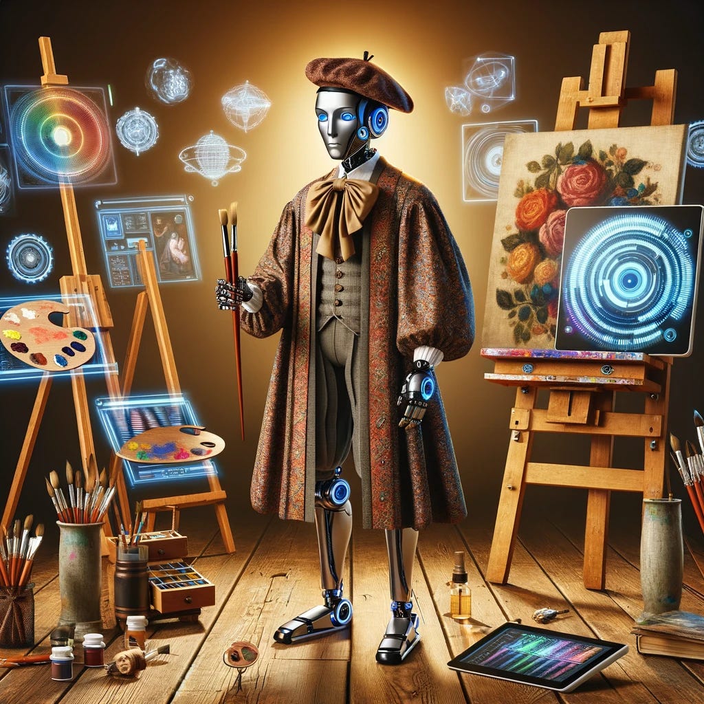 A robot dressed in Renaissance painter attire, including a traditional beret and flowing robe, surrounded by a mix of old and new technology. This includes easels, paintbrushes, digital tablets, and holographic displays, embodying a fusion of historical artistry and modern innovation. The setting is a classical artist's studio with a contemporary twist, featuring wooden floorboards and futuristic lighting.