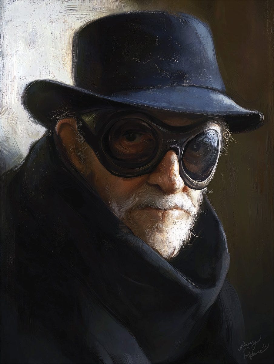 Title: "Portrait of the Old Autist in an Affable Mask" A close-up of an elderly man with a somber, enigmatic expression. He wears a black fedora and thick, round glasses with opaque lenses that dominate his face, obscuring his eyes. A neatly trimmed white beard and mustache frame his weathered, pale face, etched with deep lines suggesting a life of profound thought. Dressed in dark clothing blending into the shadowy background, dramatic lighting illuminates the left side of his face, creating a stark chiaroscuro effect. The realistic painting style has touches of impressionism, particularly in the textured background. The portrait evokes contemplation and hidden depths, resonating with autistic individuals who often feel compelled to wear a "mask" of neurotypical behavior, concealing their true selves behind a carefully constructed facade. Digital illustration by Johnny Profane. Digital tools include AI.