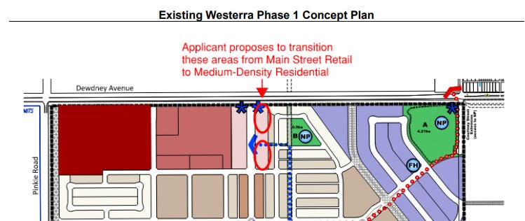 Existing Westterra Phase 1 Concept Plan. Applicant proposed to transition these areas from Main Street to Medium-Density Residential