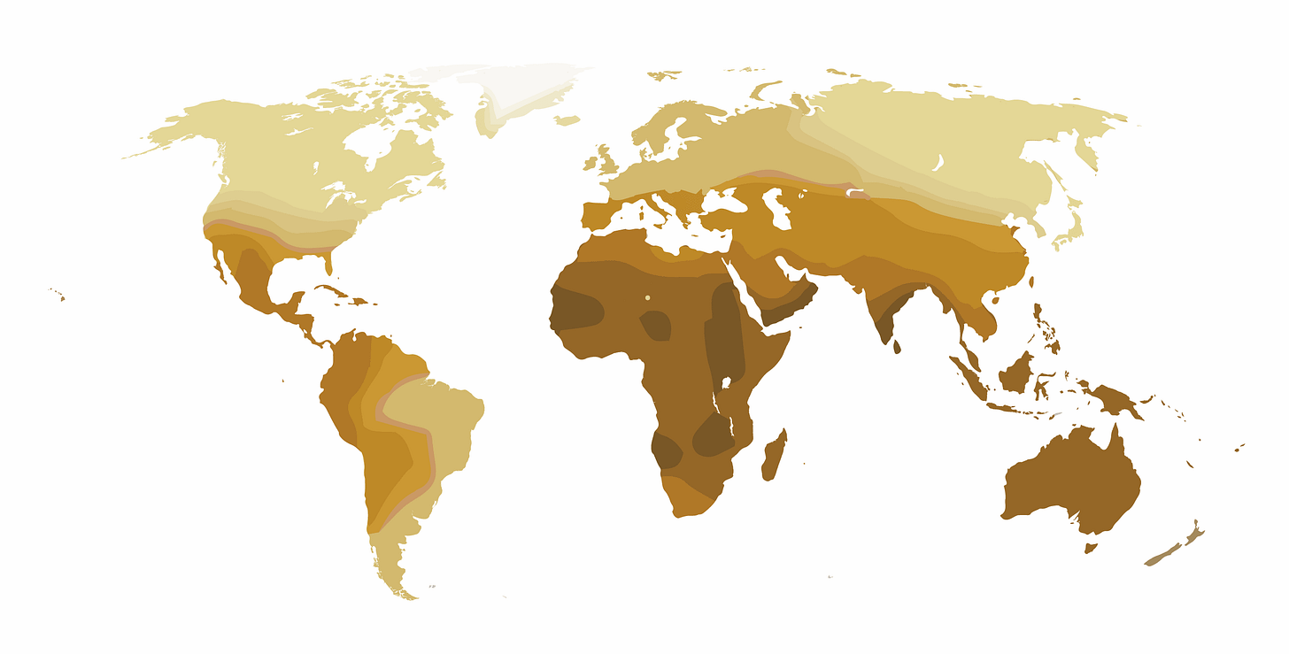 A world map showing darker pigmentation in much of Africa, southern Asia, and Australia, and lighter pigmentation in the northernmost parts of the world.