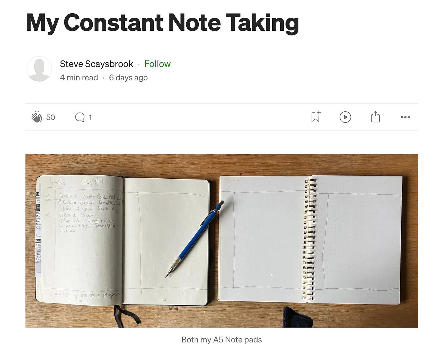 Screenshot of an article showing the heading (“My Constant Note Taking”), and a photo of two open A5 notebooks roughly ruled by hand into a Cornell note taking format.