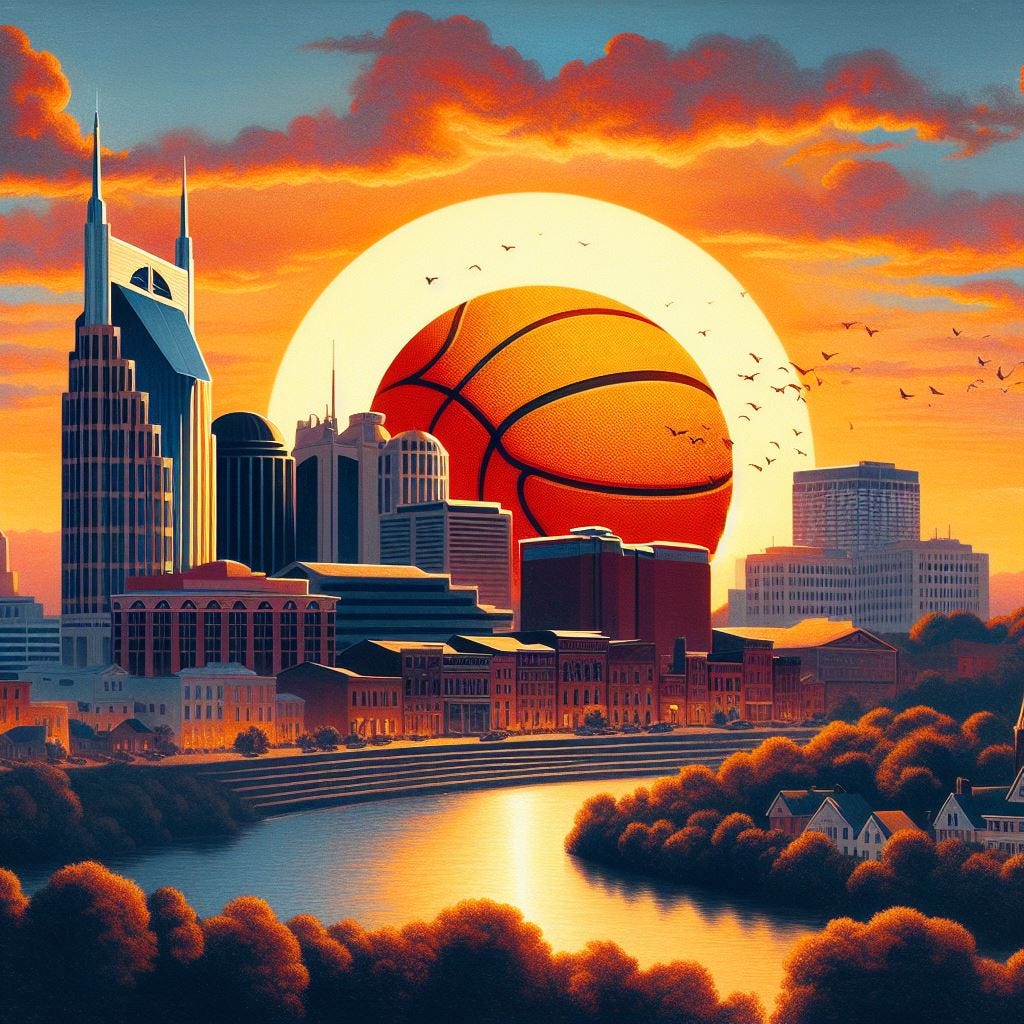 The sun rising over the Nashville skyline, but the sun is a basketball, in the style of Winslow Homer
