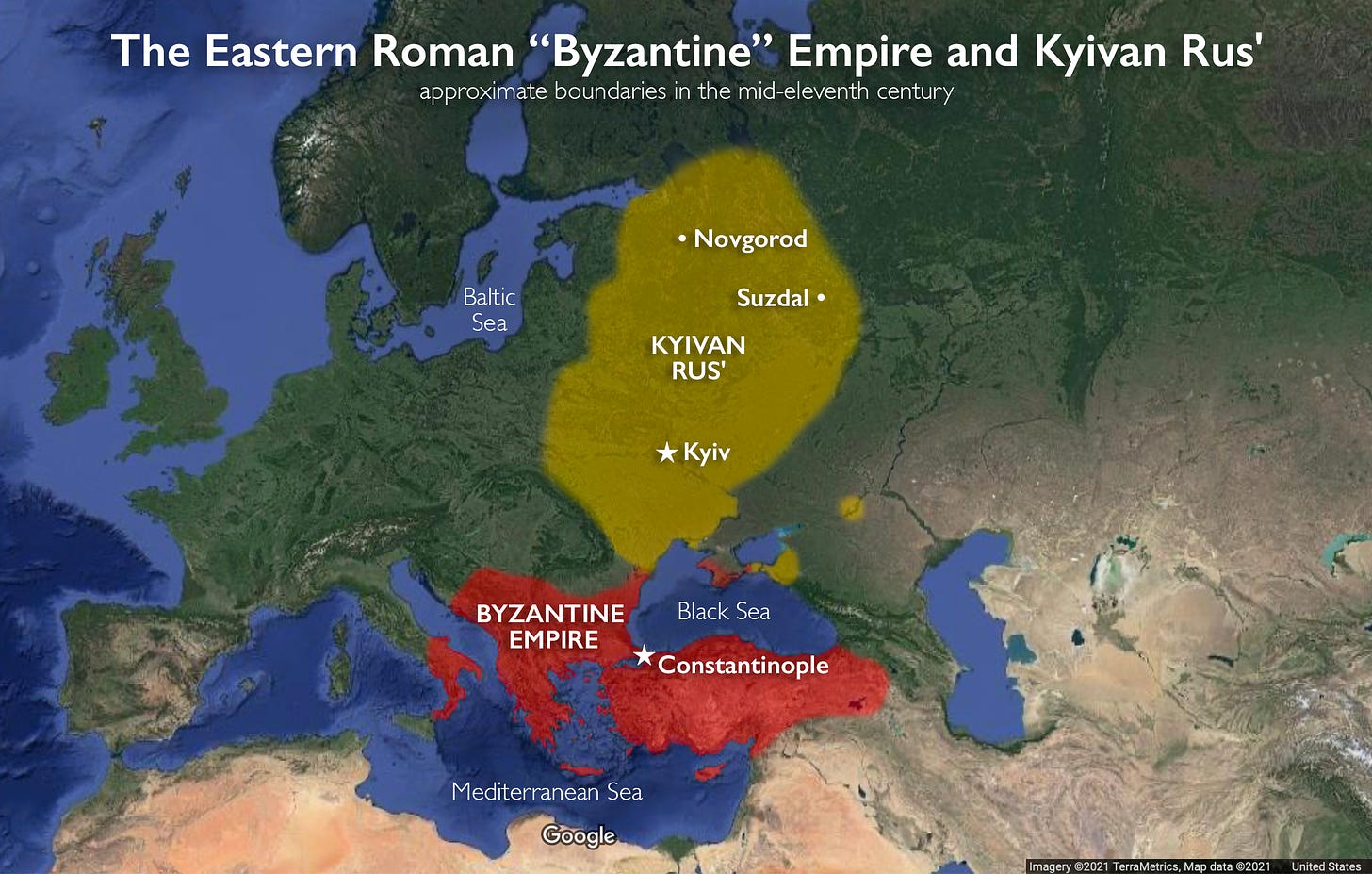 Map of the Byzantine Empire and Kievan Rus' (underlying map © Google)