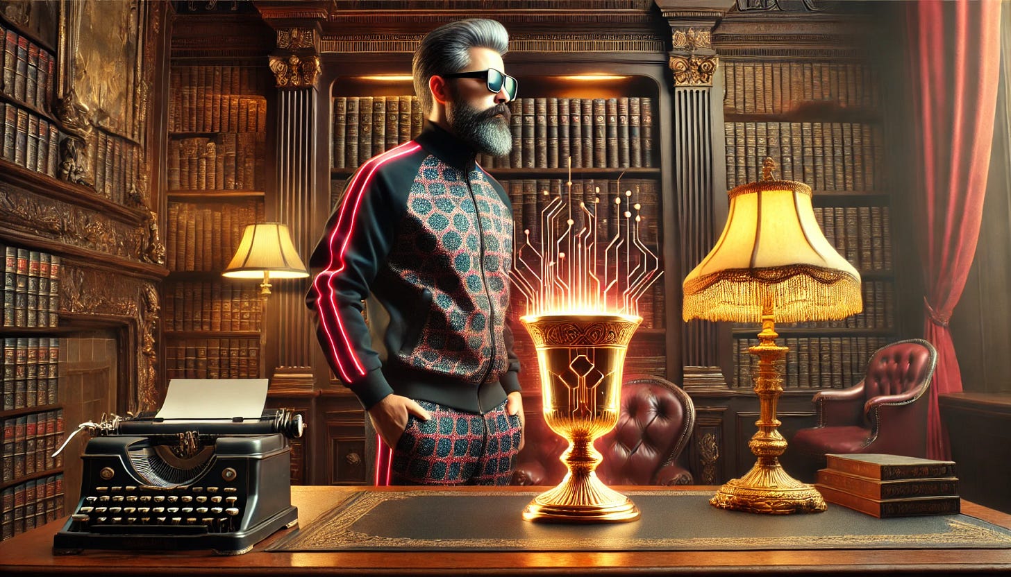 A futuristic, stylish middle-aged man with a full beard and full head of hair, wearing a fashionable track suit and sunglasses, standing confidently in a classic, richly decorated study. The study features dark wooden bookshelves, leather-bound books, a large ornate desk, vintage lamps, and warm lighting. On the desk sits a glowing golden chalice radiating subtle red and orange digital energy, resembling the MCP. The man gazes at it with calm intensity, blending futuristic streetwear cool with old-world elegance. The scene combines classic sophistication with digital mysticism, exuding a sense of timeless power and style.