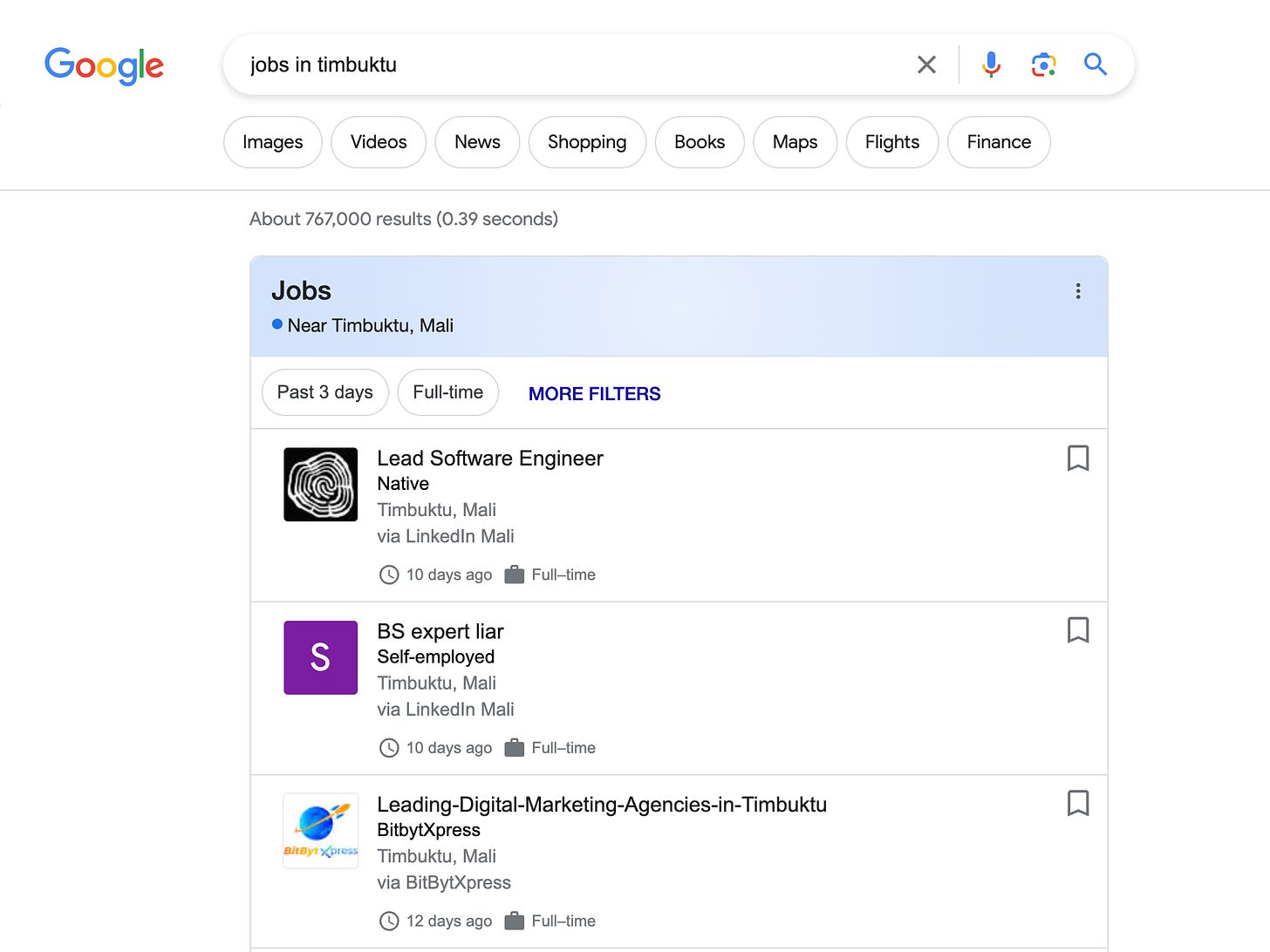 Screenshot of Google SERP page with jobs snippets