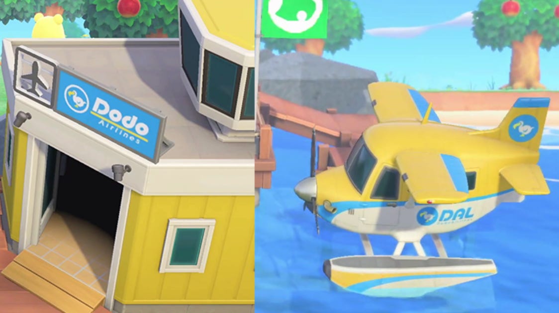 A screenshot from Animal Crossing. The yellow building is labeled “dodo airlines” and the DAL yellow helicopter from the same game. They are adorable bright cartoons, and once again, the only type of helicopter pics that are acceptable to send me. 