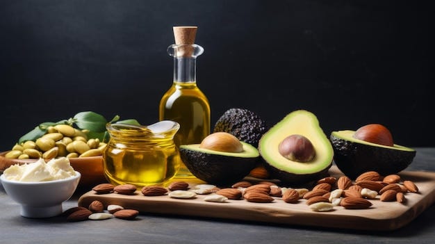 Assorted healthy fats food selection with avocado nuts seeds and olive oil  with blank space for addi | Premium AI-generated image