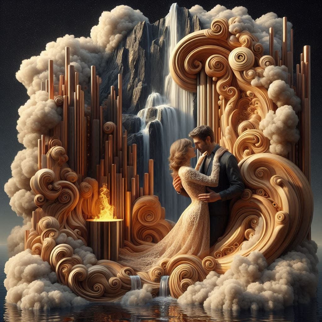  angle glass waterfall with with a small fire in it over image of  Birchwood/rosewood middle aged handsome man hugging a woman in lace high collar in water in resin/ soft, beautiful/honey-wood and copper/ Marquetry, verdigris. mountain / fluffy cloud floating low in foreground / honey-gold-swirl/surrounded by copper pipes .REFLECTED/ Inspired by style of Jeffrey Catherine Jones /backdrop of swirling clouds under moon.black starry sky / love/ bliss