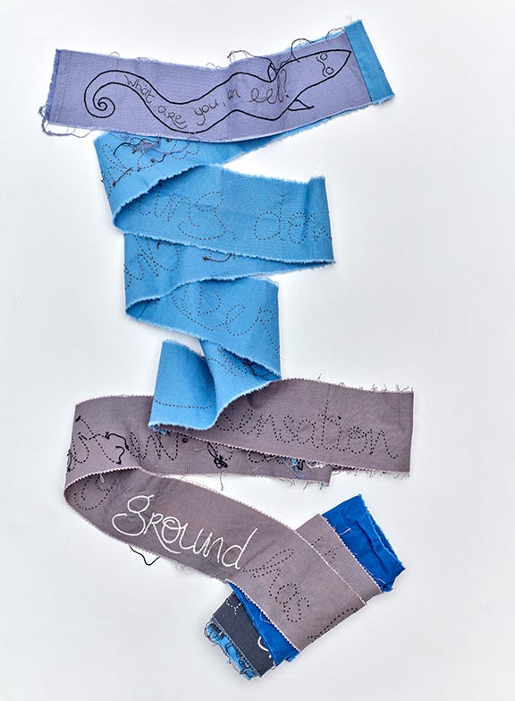 Strips of blue and grey fabric, joined. The top piece is embroidered with an eel and the words “what are you, an eel?”. Other writing is visible but unreadable.