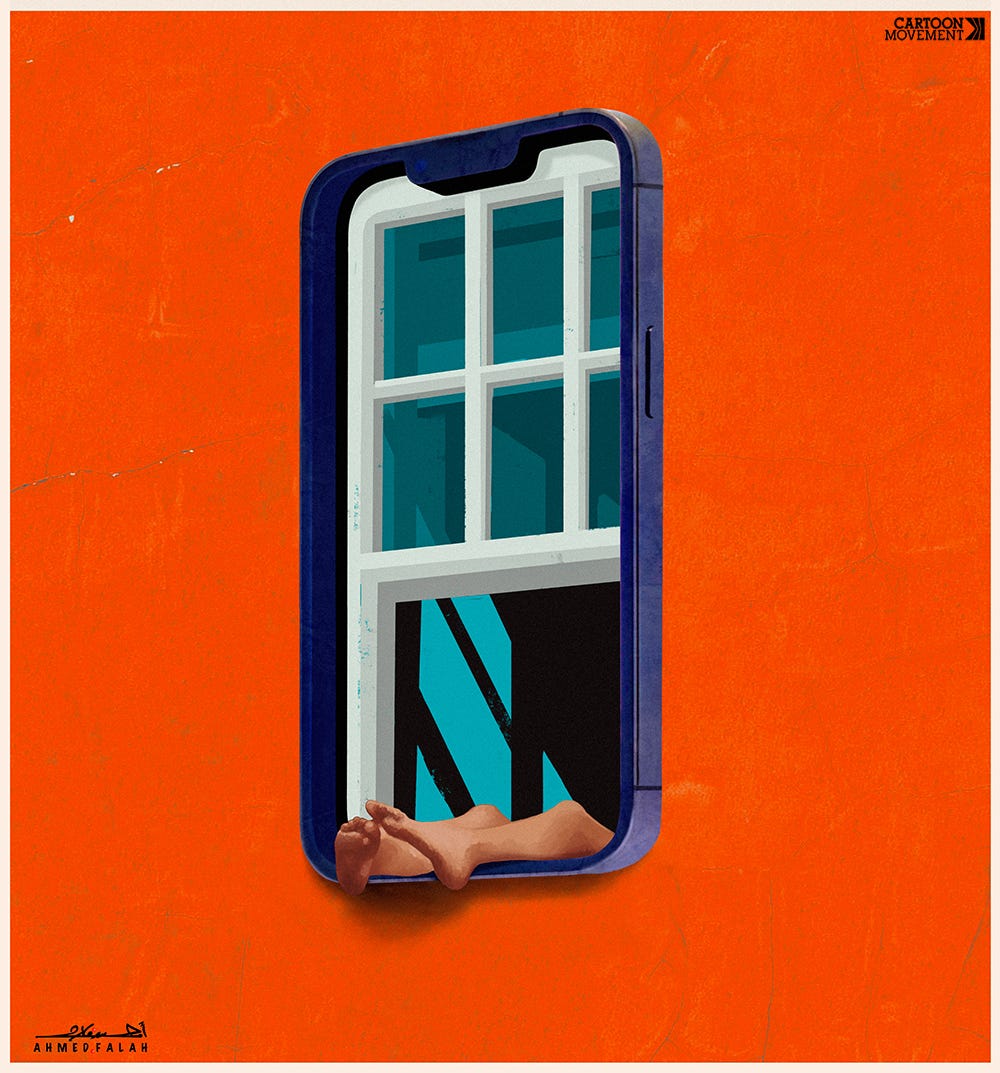 Cartoon showing a window in the shape of a smartphone, with two bare legs sticking out from someone who is lounging inside.