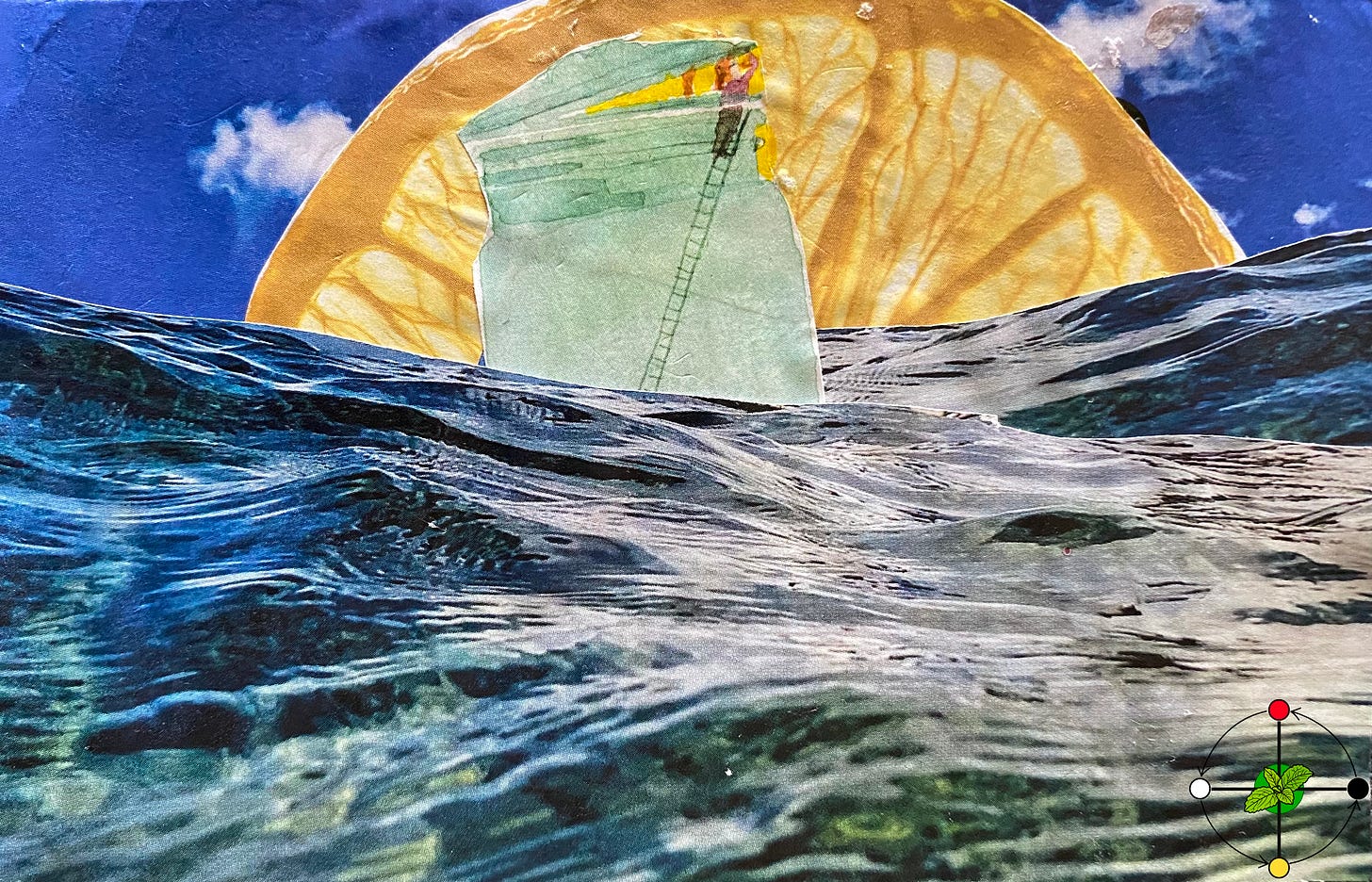 A collage by Starbie B. of a person climbing a ladder to peak out of a glass jar that floats in the ocean. The sunset behind them is a lemon slice.